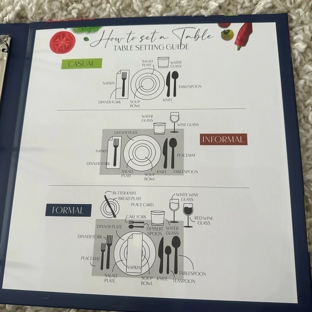 Recipe book with page protectors, dividers, and labels. New in box 11 x 11.5”